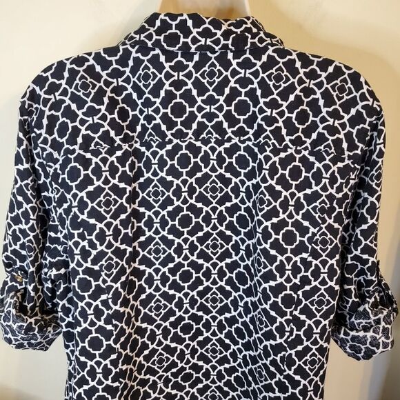 100% Linen Black & White Button Down Shirt w Roll Sleeves - Picture 8 of 13